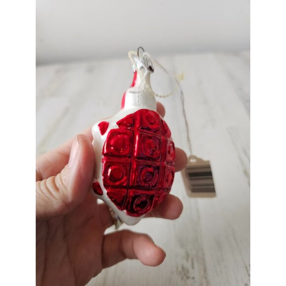 Vintage glass red turtle flocked ornament unique Poland Xmas tree - Picture 3 of 8